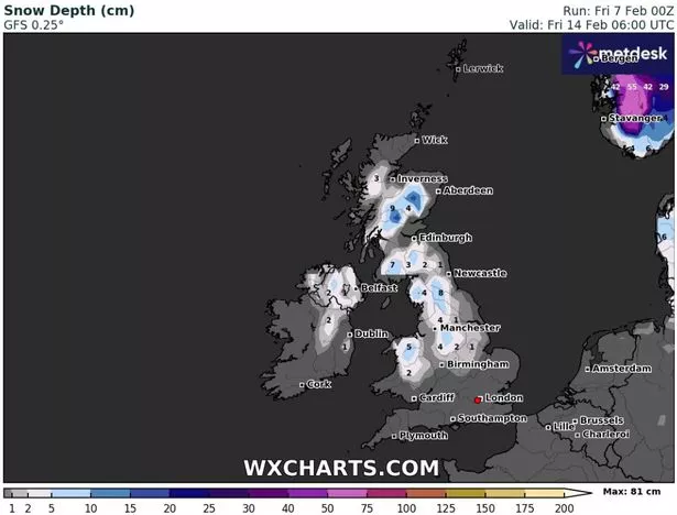 英国的降雪地图显示,情人节当天的暴风雪速度为每小时5厘米,只有两个地区幸免