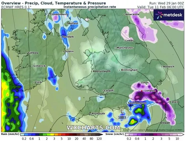 英国降雪地图显示,2月份将有“每小时5厘米”的暴雪,只有两个地区幸免